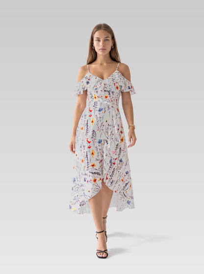 White Floral High-Low Summer Ruffle Midi Dress — White Floral — View 4