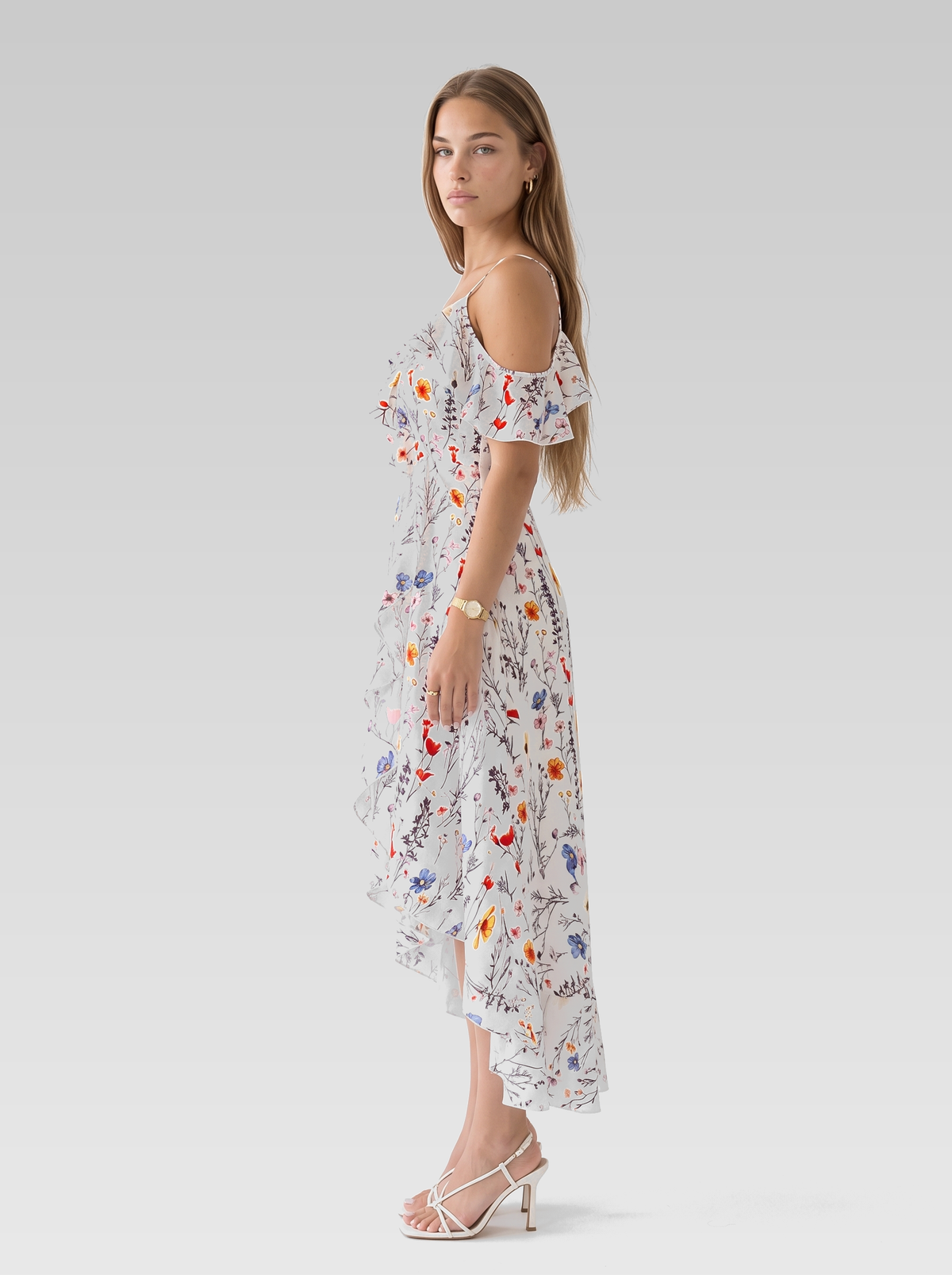 White Floral High-Low Summer Ruffle Midi Dress — White Floral — View 5
