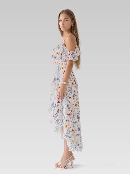 White Floral High-Low Summer Ruffle Midi Dress — White Floral — View 5