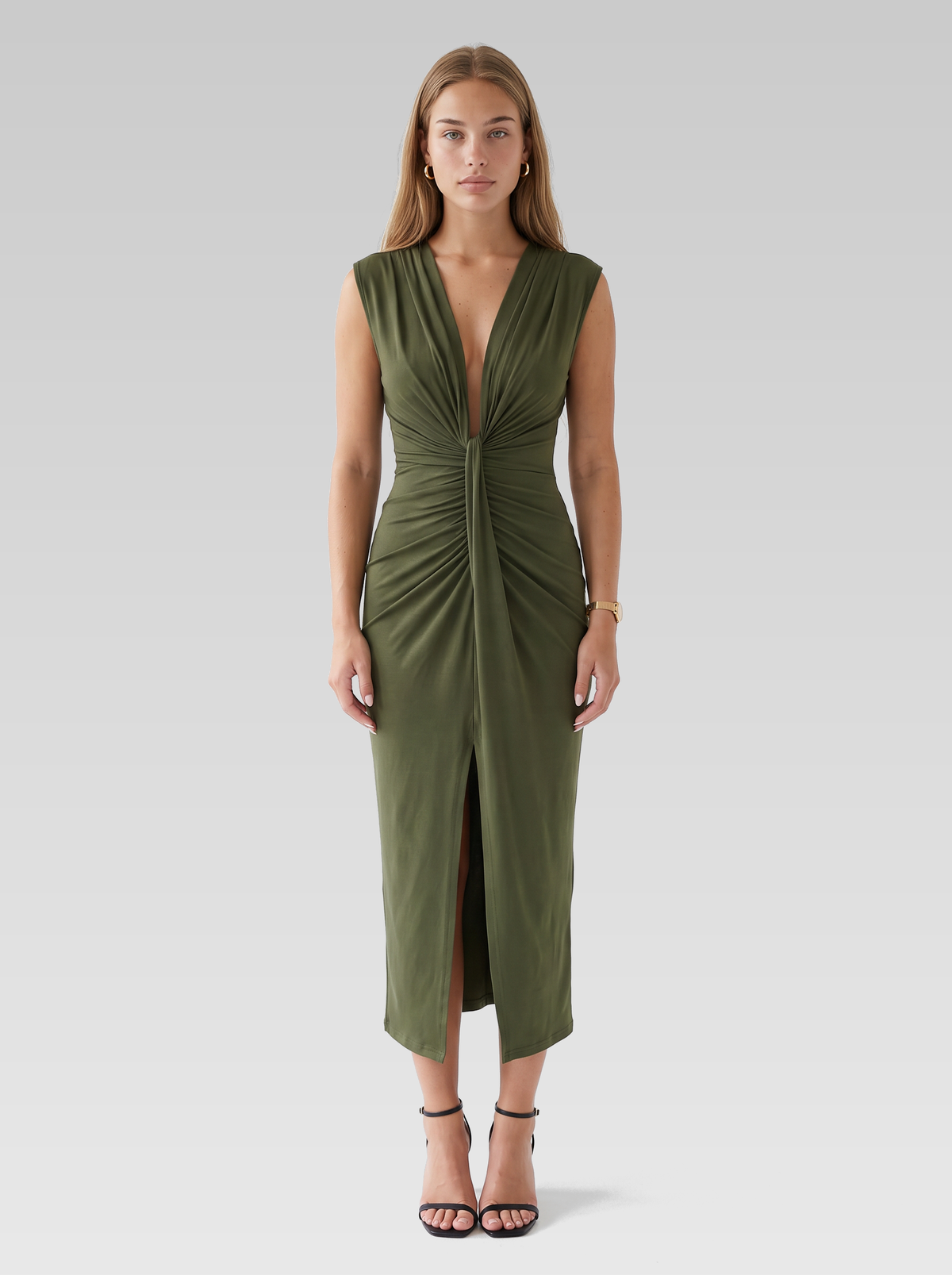 Ruched Bodycon Wedding Guest Midi Dress — Olive Green — View 1