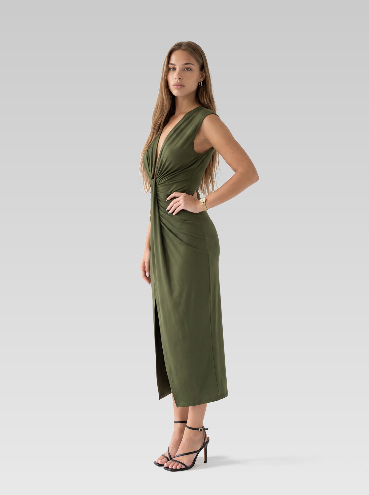 Ruched Bodycon Wedding Guest Midi Dress — Olive Green — View 2
