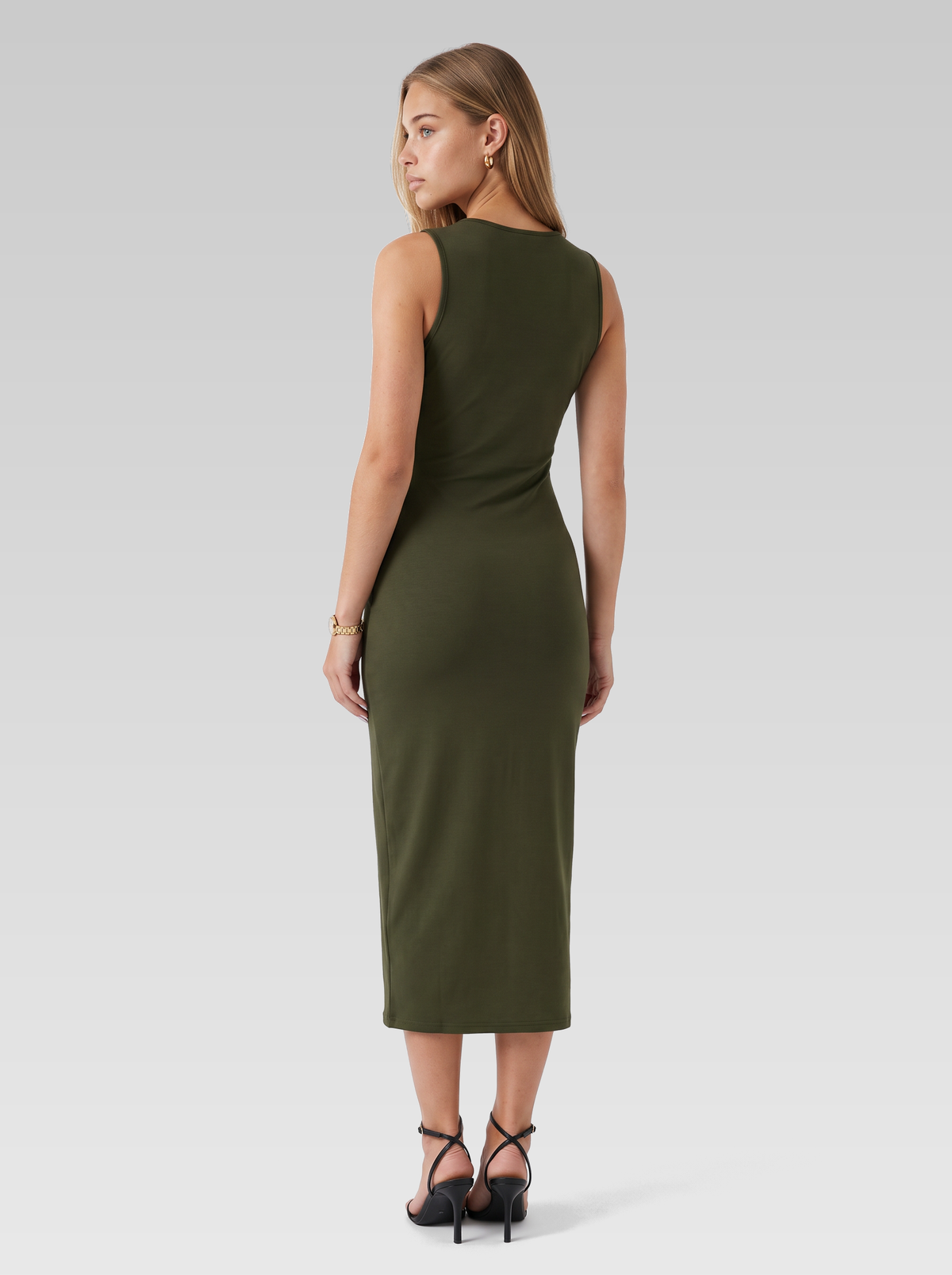 Ruched Bodycon Wedding Guest Midi Dress — Olive Green — View 3