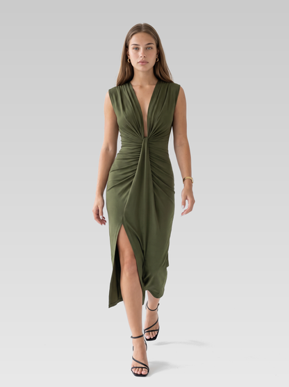 Ruched Bodycon Wedding Guest Midi Dress — Olive Green — View 4