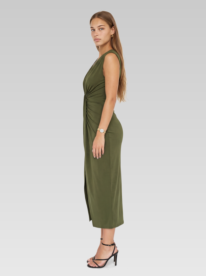 Ruched Bodycon Wedding Guest Midi Dress — Olive Green — View 5