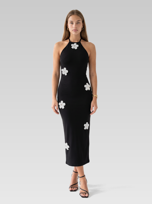 Knit Halter Neck Backless Bodycon Midi Dress — Black — View 1