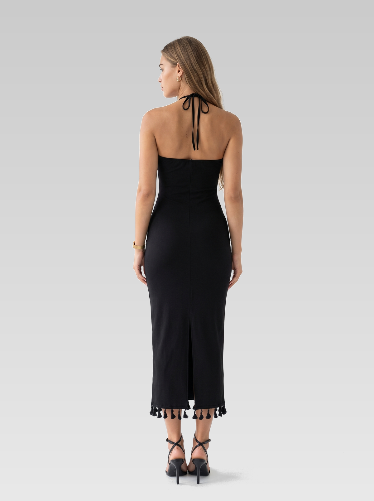 Knit Halter Neck Backless Bodycon Midi Dress — Black — View 3