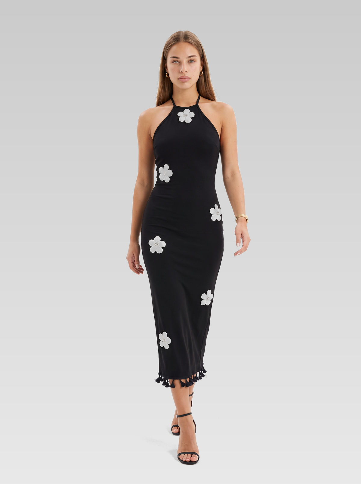 Knit Halter Neck Backless Bodycon Midi Dress — Black — View 4