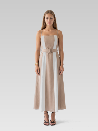 Beige Square Neck Belted Midi Dress — Beige — View 1