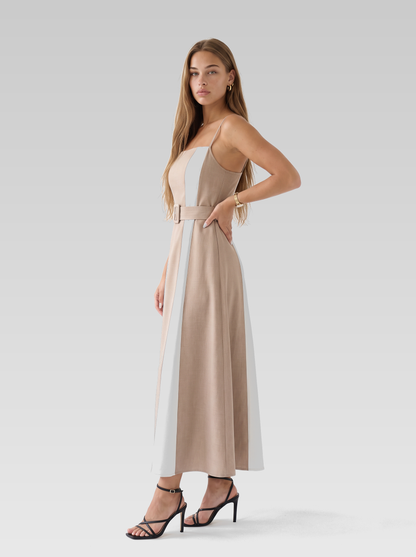 Beige Square Neck Belted Midi Dress — Beige — View 2