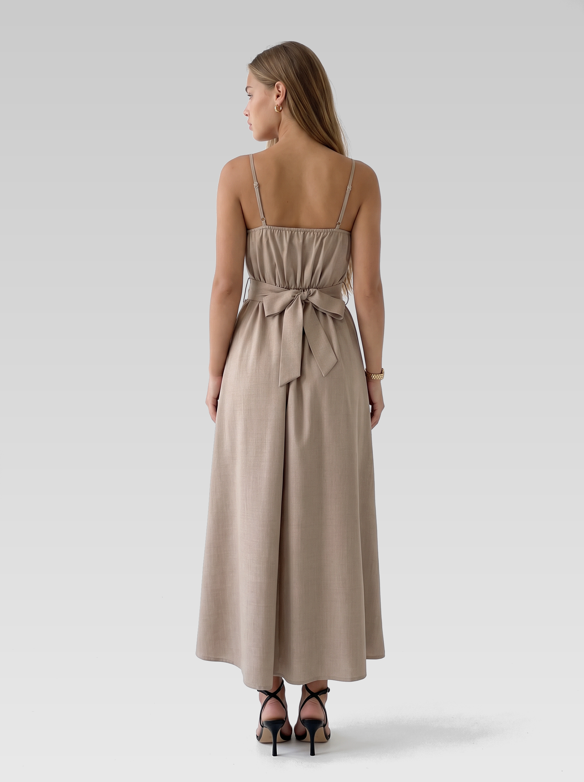 Beige Square Neck Belted Midi Dress — Beige — View 3