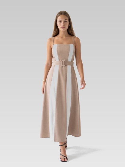 Beige Square Neck Belted Midi Dress — Beige — View 4