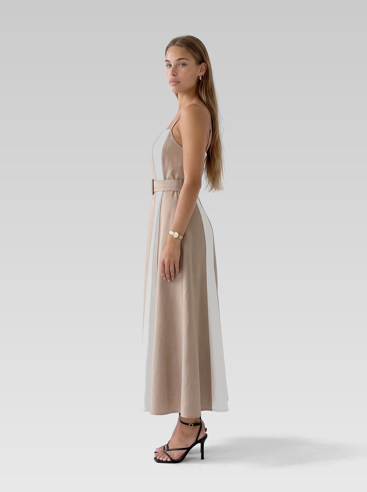 Beige Square Neck Belted Midi Dress — Beige — View 5
