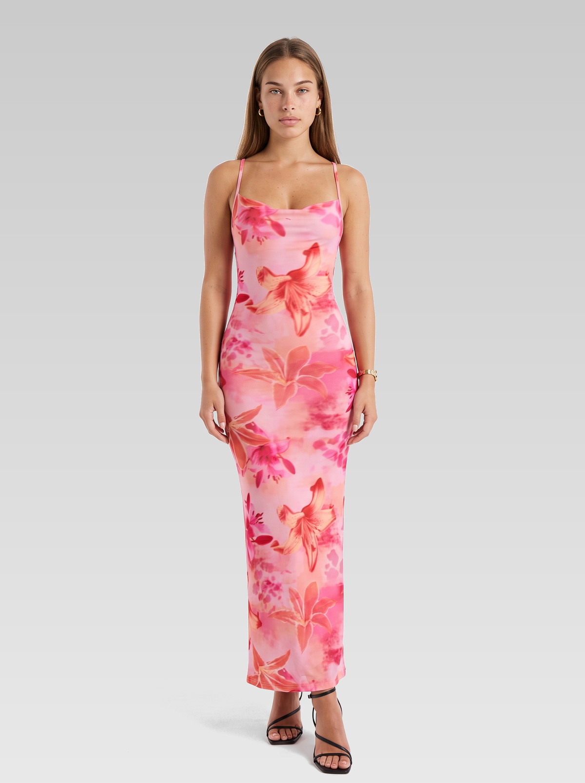Pink Floral Backless Bodycon Slip Maxi Dress — Pink Floral — View 1
