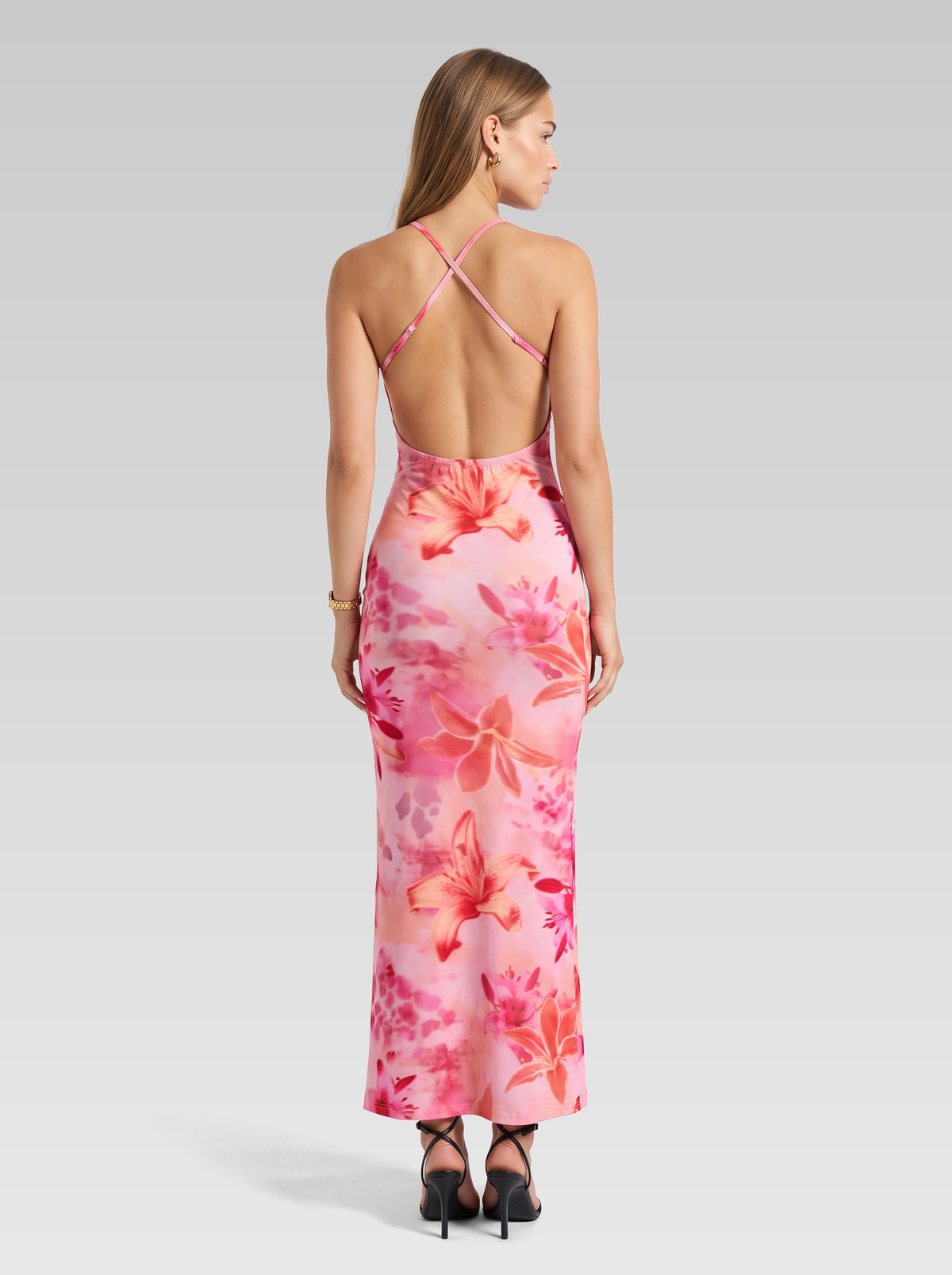 Pink Floral Backless Bodycon Slip Maxi Dress — Pink Floral — View 3