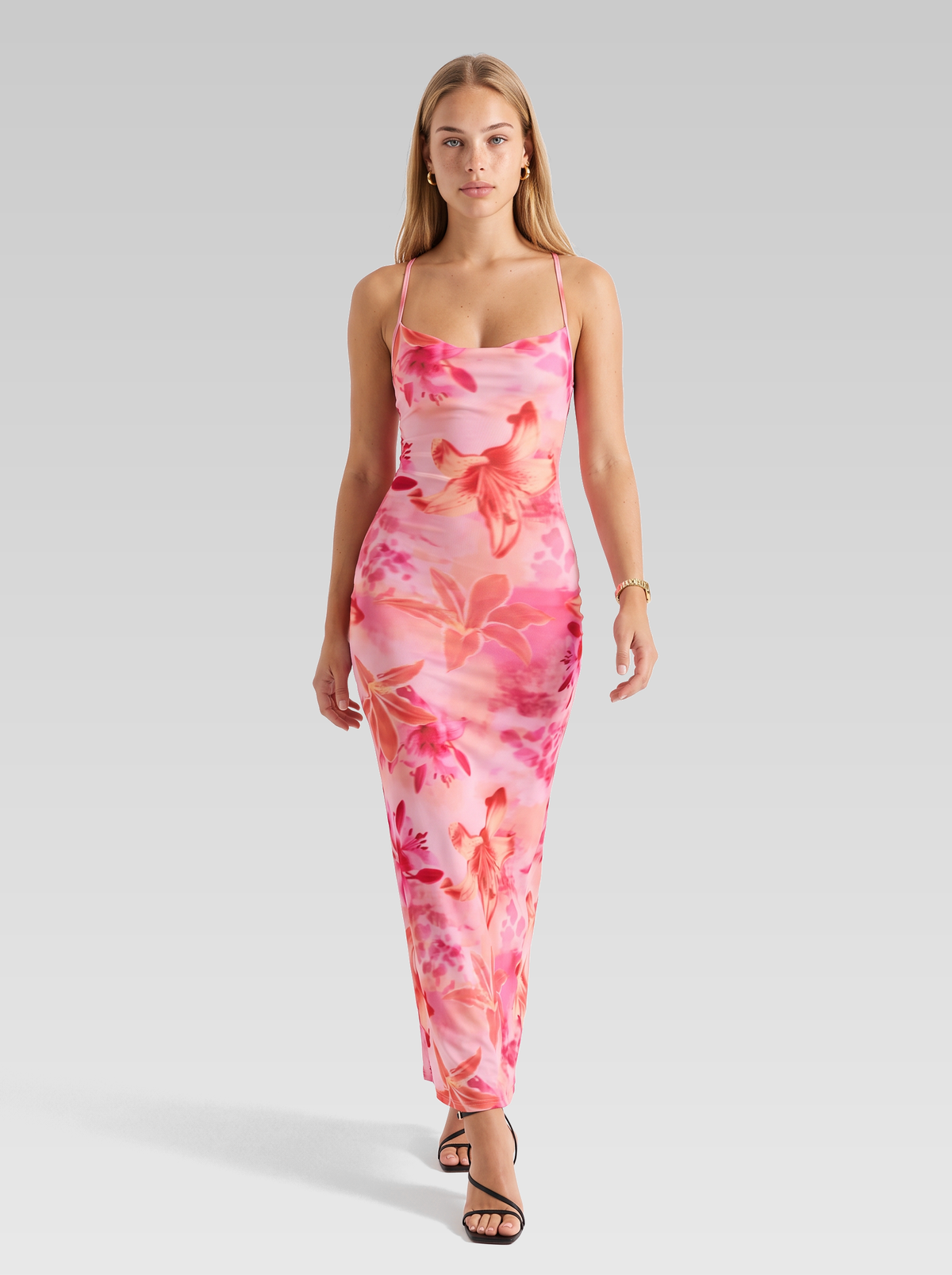 Pink Floral Backless Bodycon Slip Maxi Dress — Pink Floral — View 4