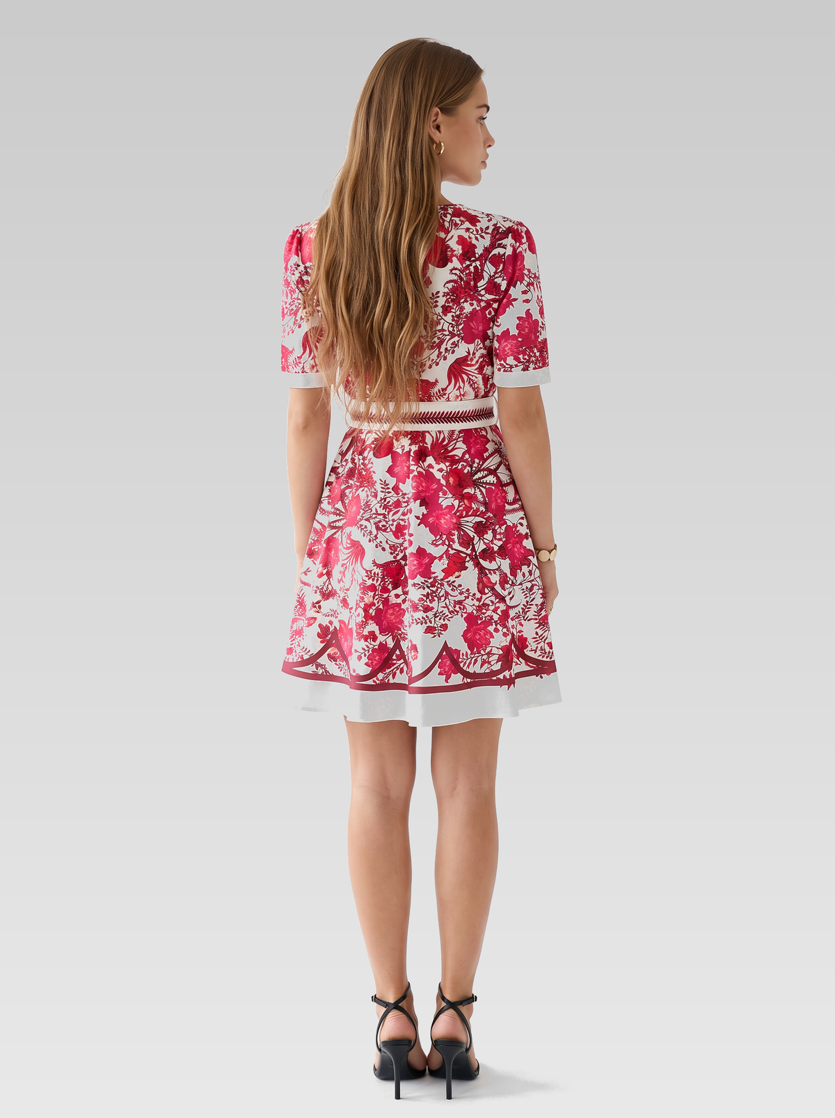 Red Floral Short Sleeve Mini Dress — Red Floral — View 3