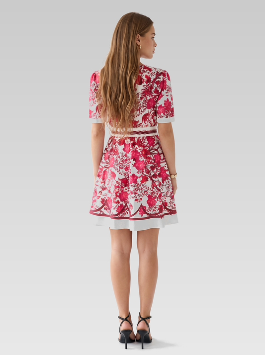 Red Floral Short Sleeve Mini Dress — Red Floral — View 3