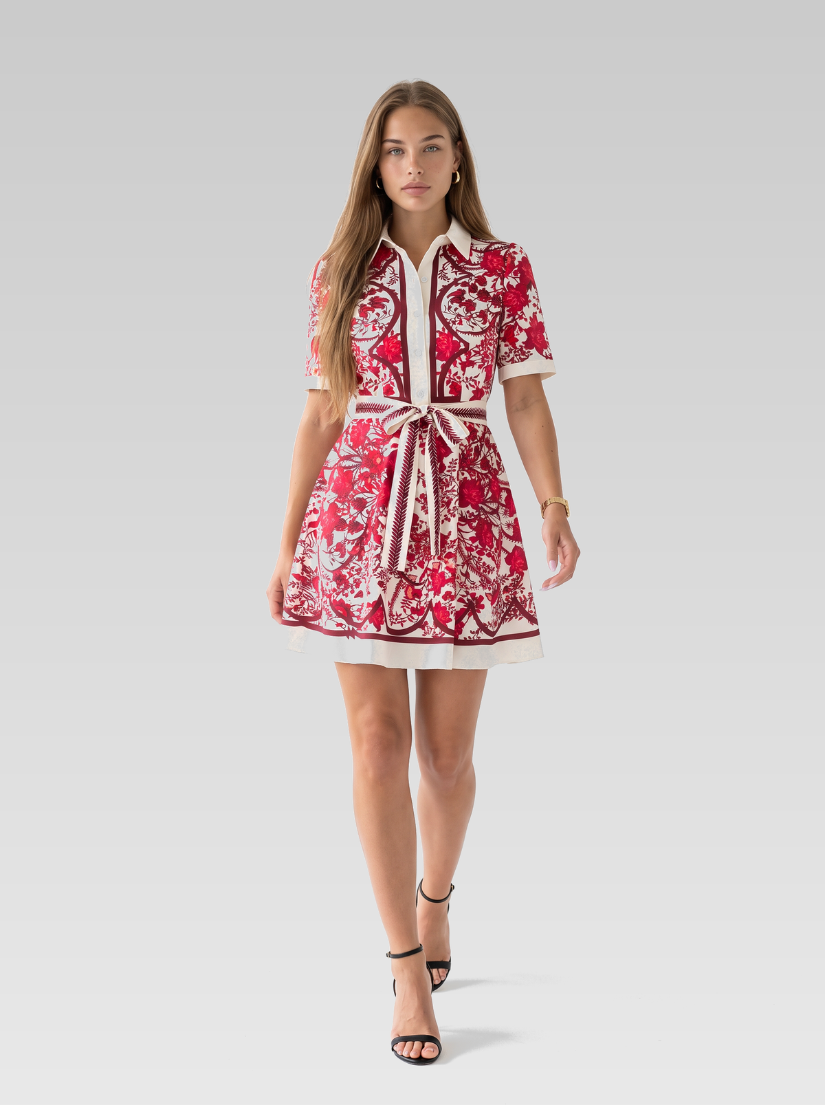 Red Floral Short Sleeve Mini Dress — Red Floral — View 4