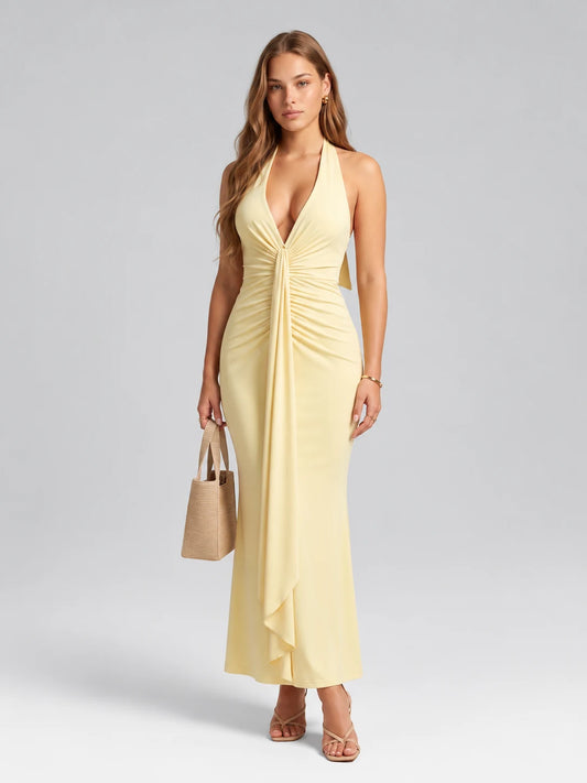 Halter Neck Backless Maxi Dress — Yellow — View 1