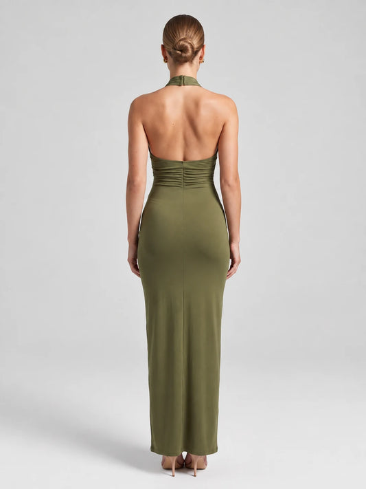 Halter Backless Slit Maxi Dress — Green — View 2