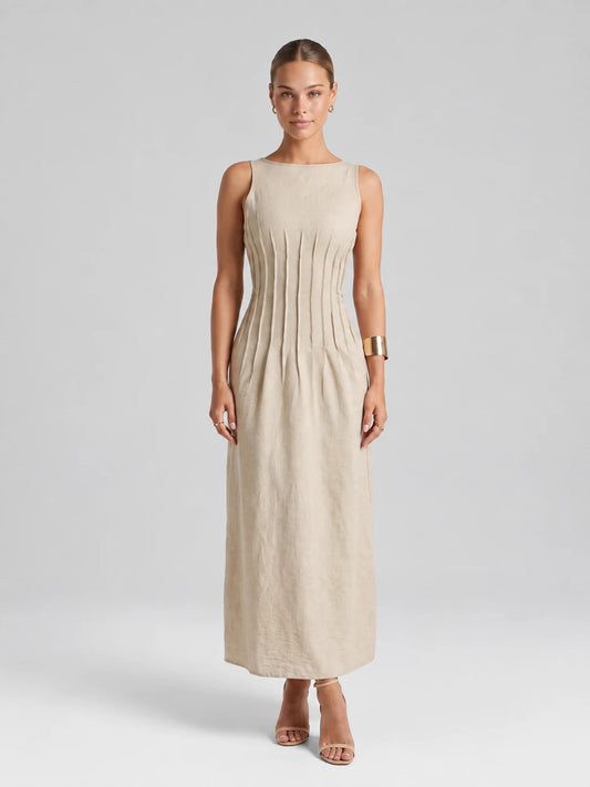 Linen Look Sleeveless A Line Maxi Dress — Apricot — View 1