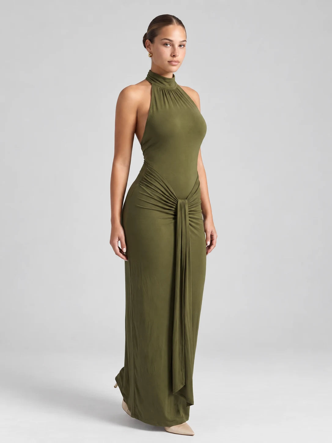 Halter Backless Slit Maxi Dress — Green — View 4