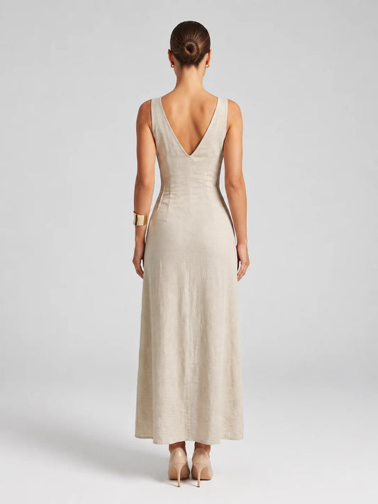 Linen Look Sleeveless A Line Maxi Dress — Apricot — View 2