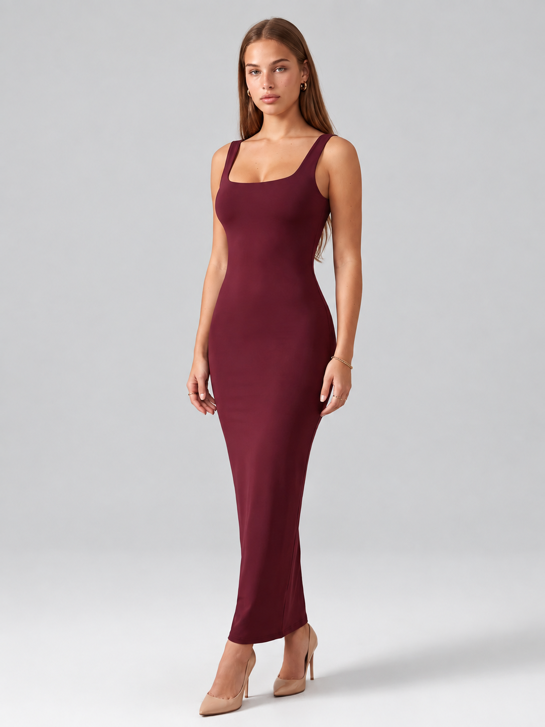 Square Neck Backless Bodycon Maxi Dress