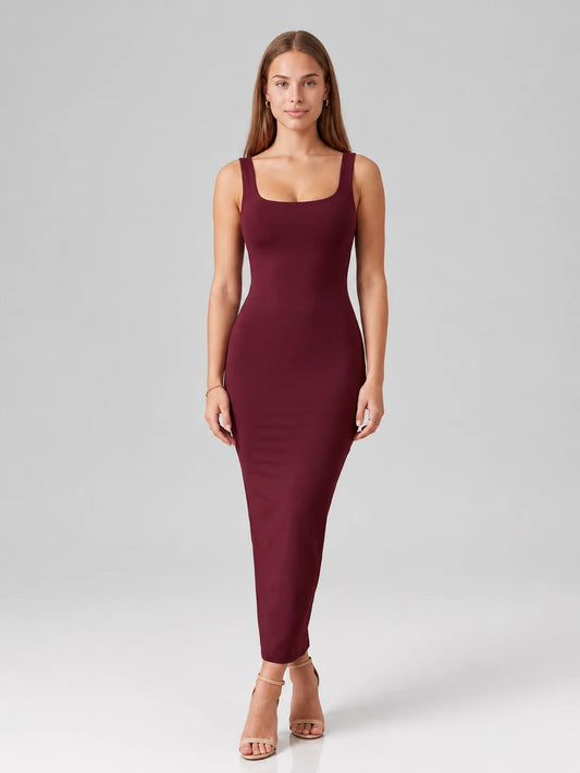 Square Neck Backless Bodycon Maxi Dress — Red — View 1