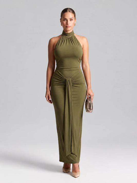 Halter Backless Slit Maxi Dress — Green — View 1