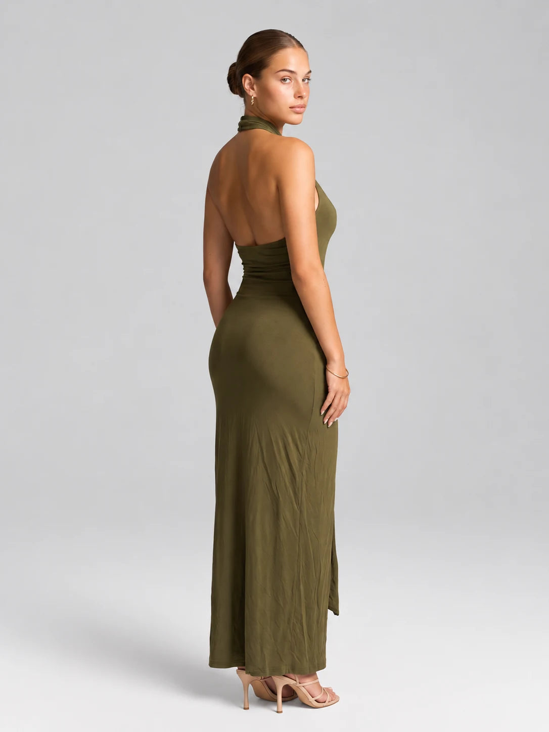 Halter Backless Slit Maxi Dress — Green — View 3